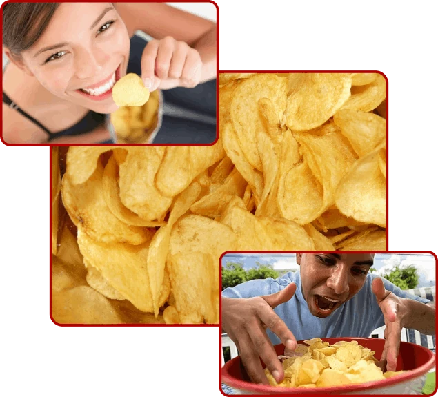 A collage of people eating chips and smiling.