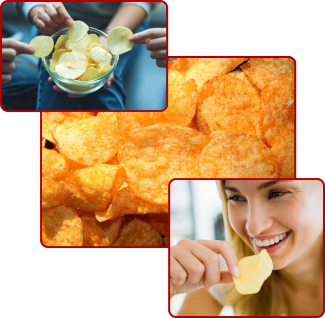 A collage of photos with chips and woman eating.