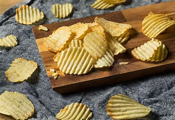 A wooden board with potato chips on it.